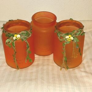 Set of 3 Quality Glassware EST 1876 Frosted Pale Pink Glass Jars 6"T x 3.5"W